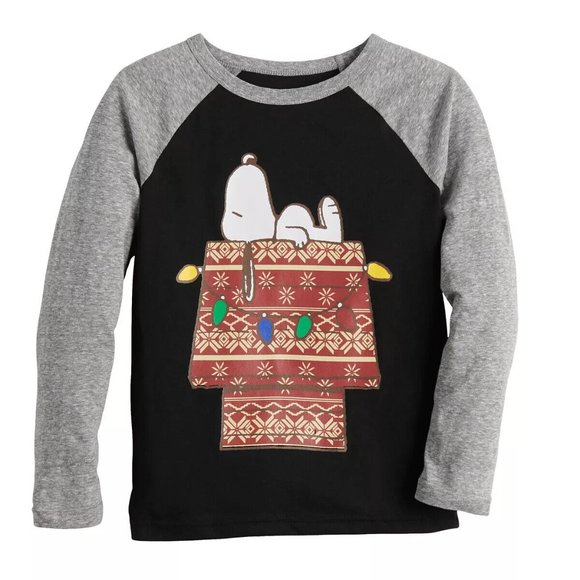Peanuts Snoopy Kid's Shirt Boy's Christmas Black & Gray Long Sleeve Tee - Picture 1 of 1